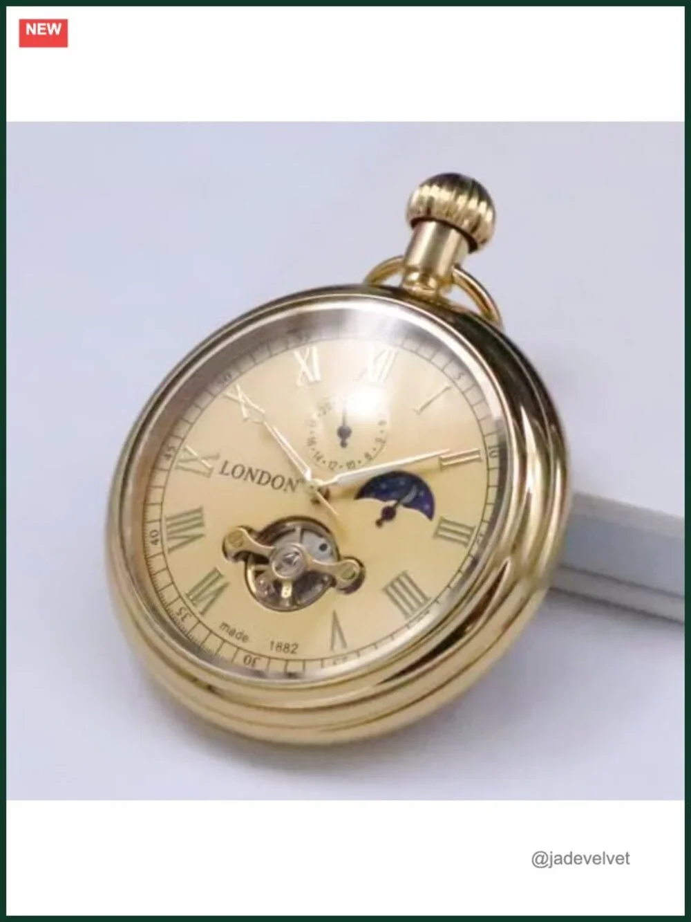 Vintage Mechanical Pocket Watch with Chain, Hand Wind, Moon Phase